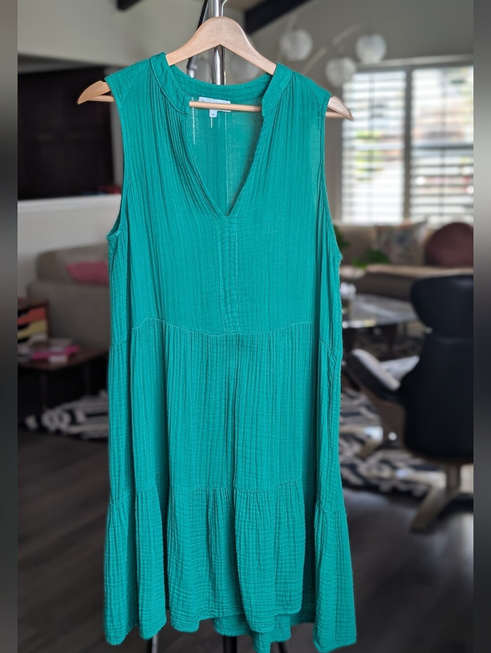 Michael Stars Kelly Green Sleeveless Gauzy Cotton Tiered Mini Dress size Small